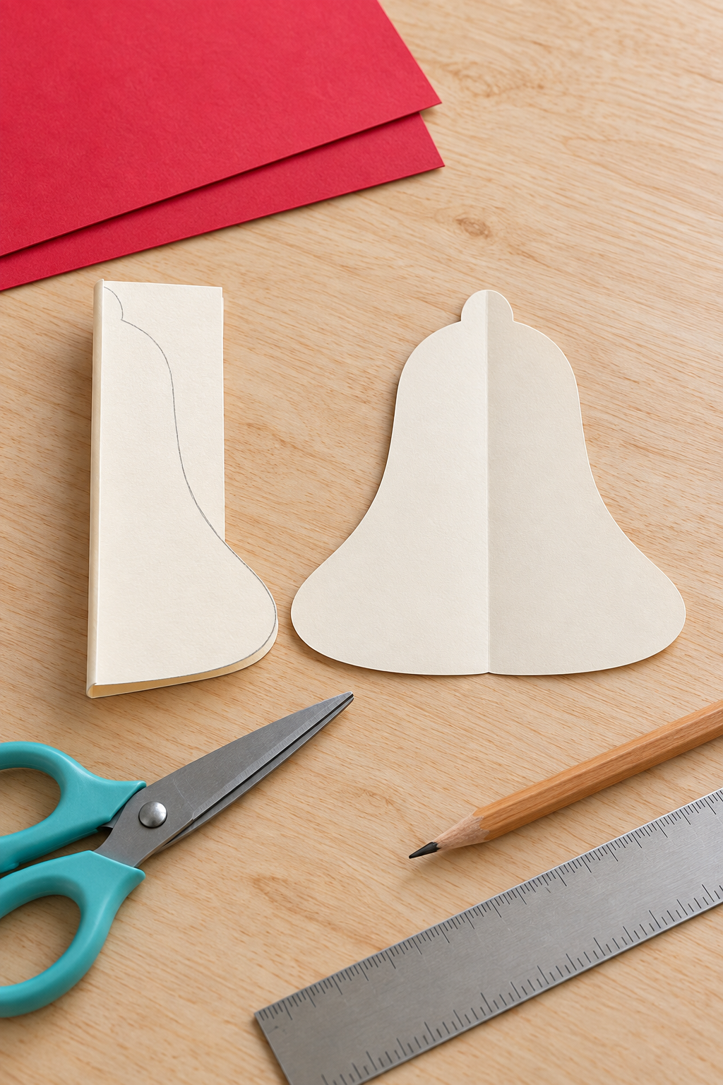Folded and opened cream paper bell templates beside scissors, a pencil and red cardstock.