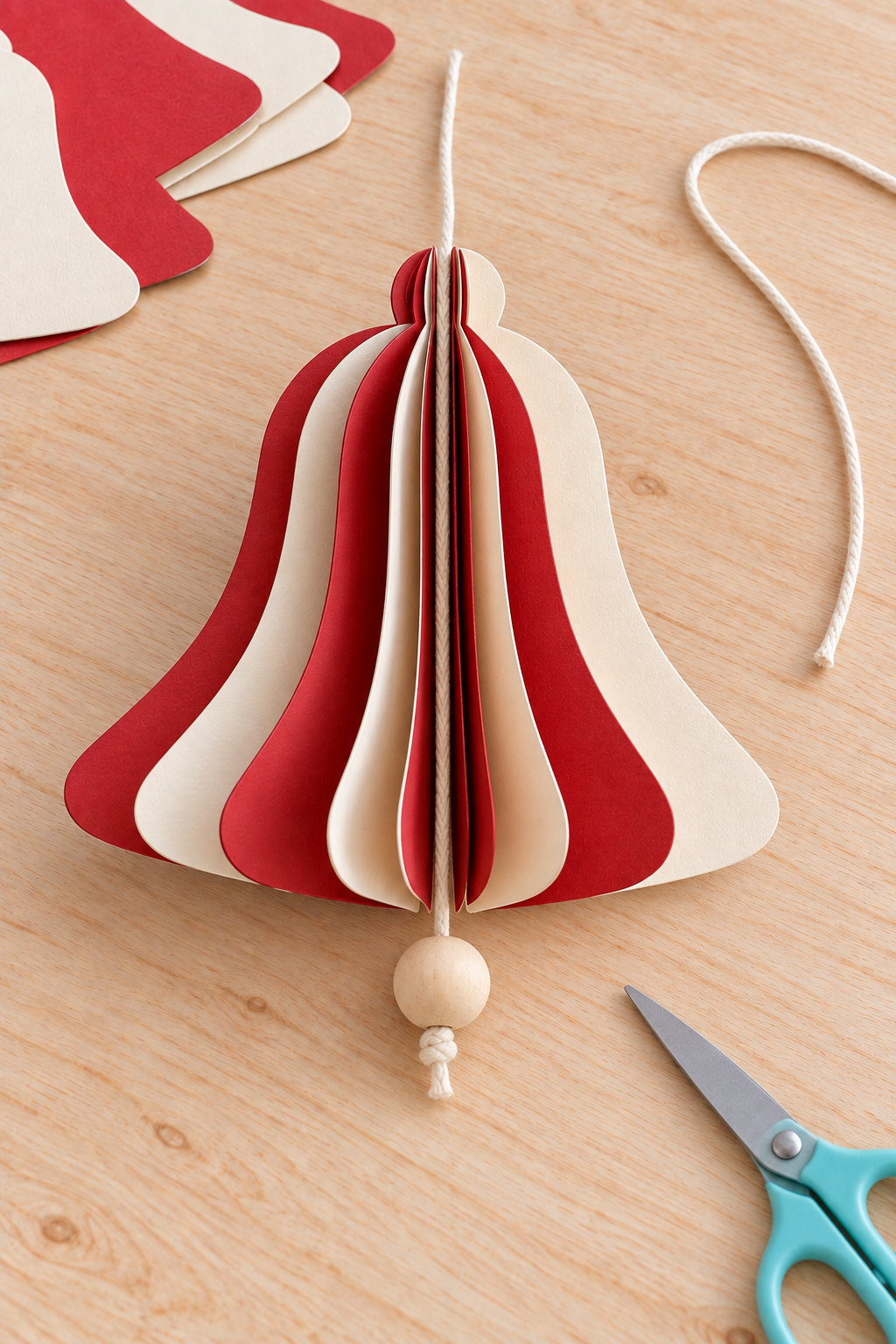 Cotton cord follows the center of a red and cream paper bell to a knotted wooden bead.