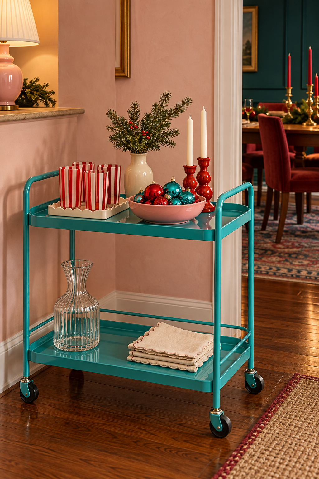 Turquoise holiday bar cart with red striped glasses, a pink ornament bowl and evergreen.