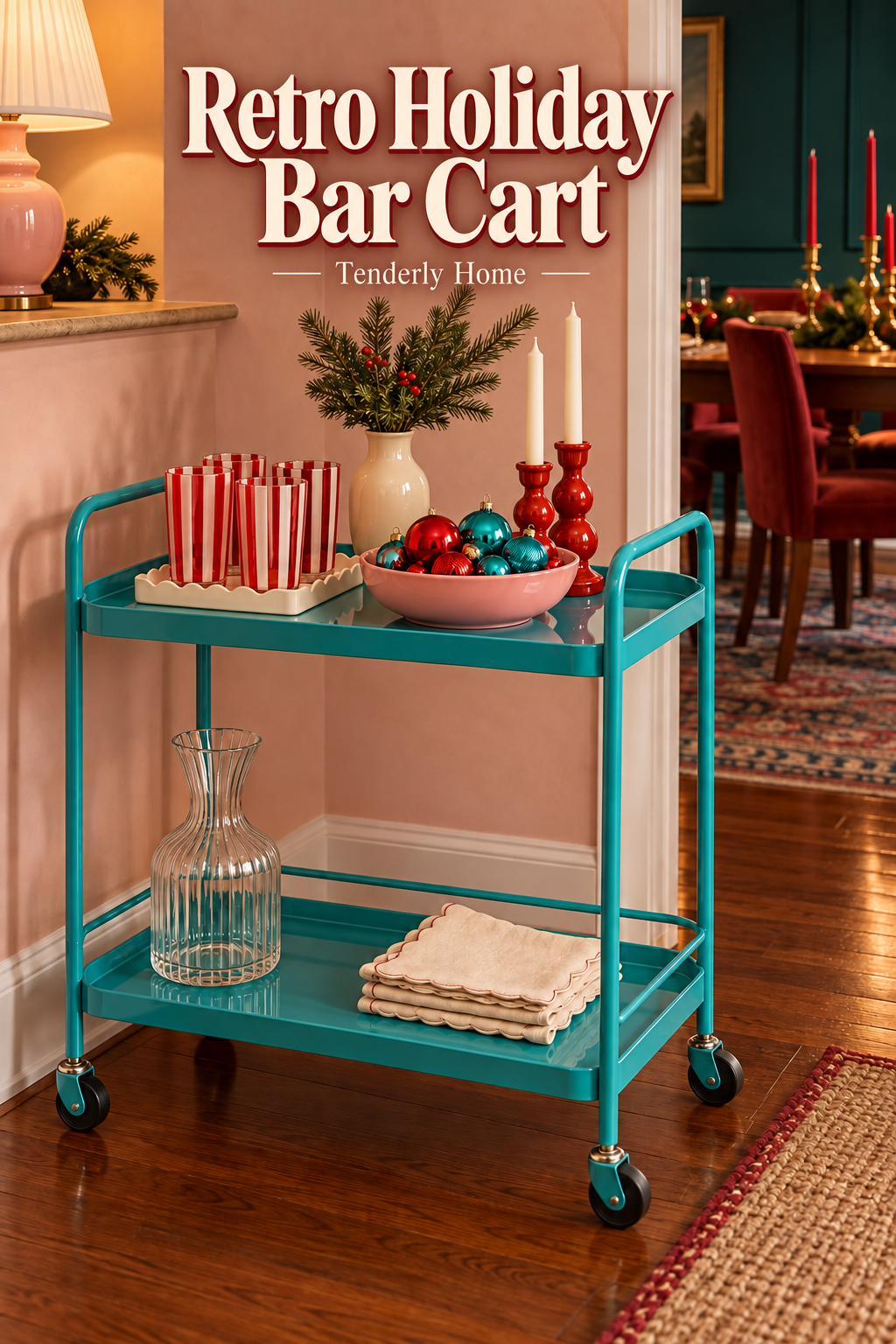 Turquoise holiday bar cart with red striped glasses, a pink ornament bowl and evergreen.