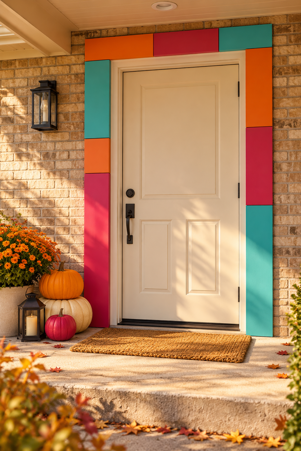 Orange, raspberry and turquoise panels frame a cream fall door beside pumpkins and a lantern.