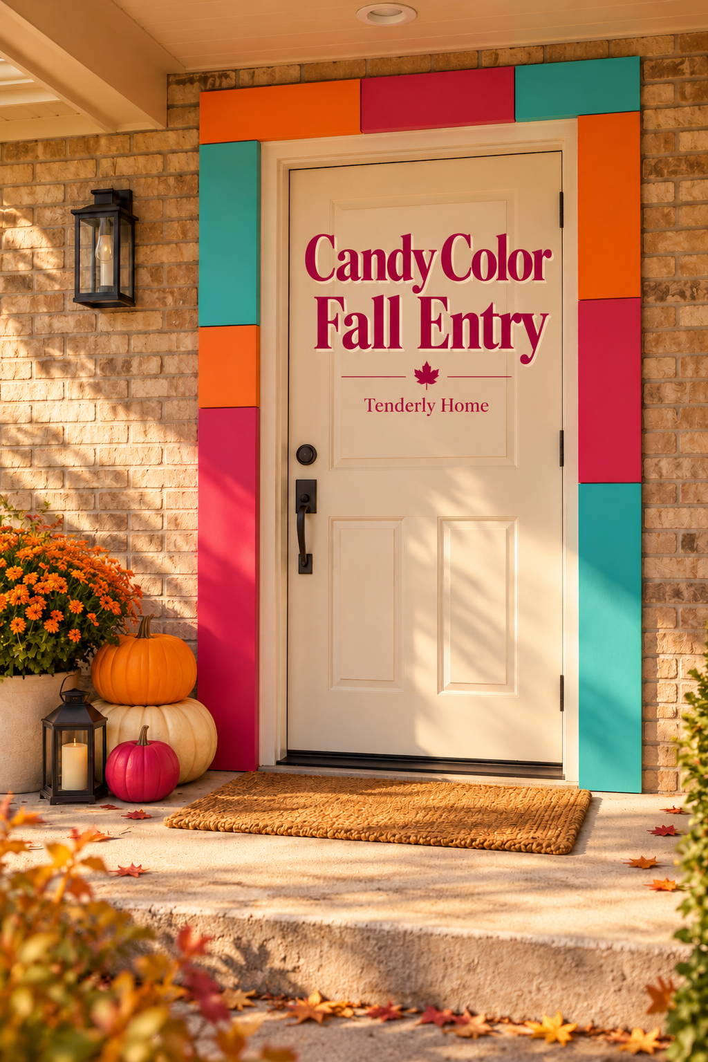 Orange, raspberry and turquoise panels frame a cream fall door beside pumpkins and a lantern.