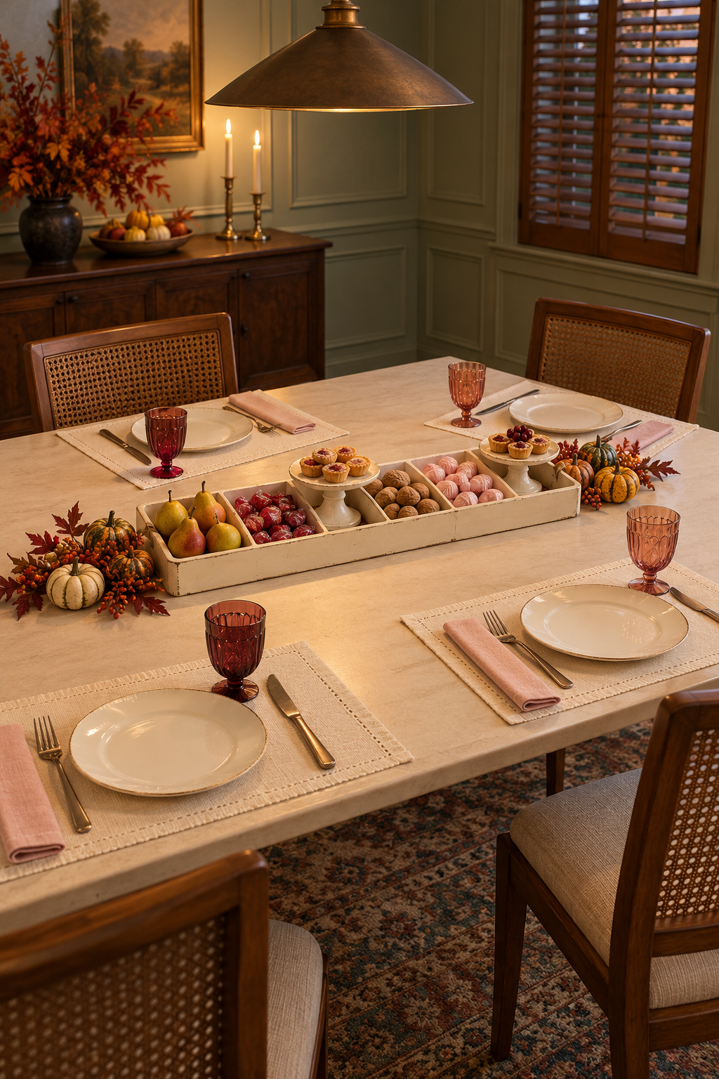 Divided tray of pears and sweets on a Thanksgiving table with blush napkins and tinted glasses.