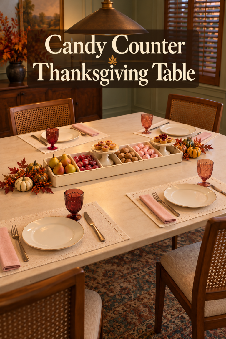 Divided tray of pears and sweets on a Thanksgiving table with blush napkins and tinted glasses.
