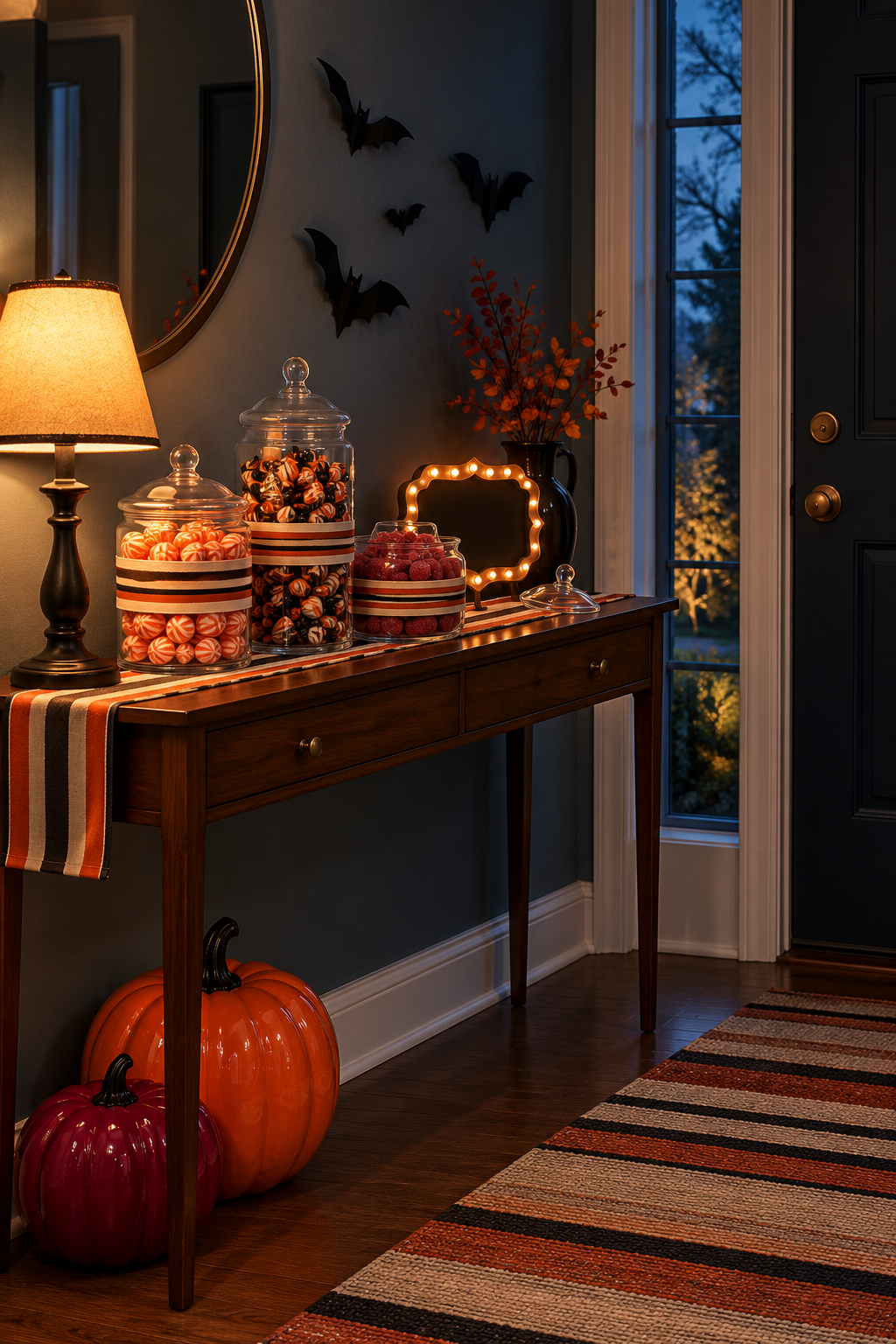 Striped candy jars and a lighted frame on a Halloween console with black bats and glossy pumpkins.