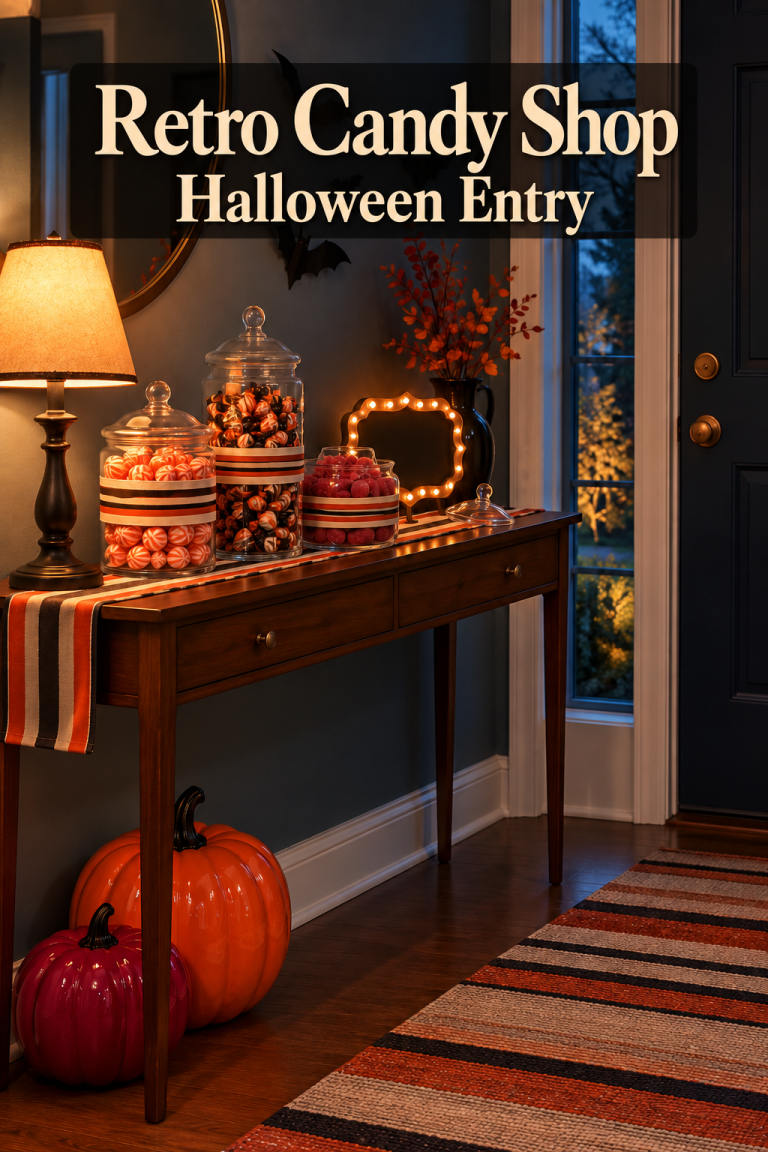 Striped candy jars and a lighted frame on a Halloween console with black bats and glossy pumpkins.