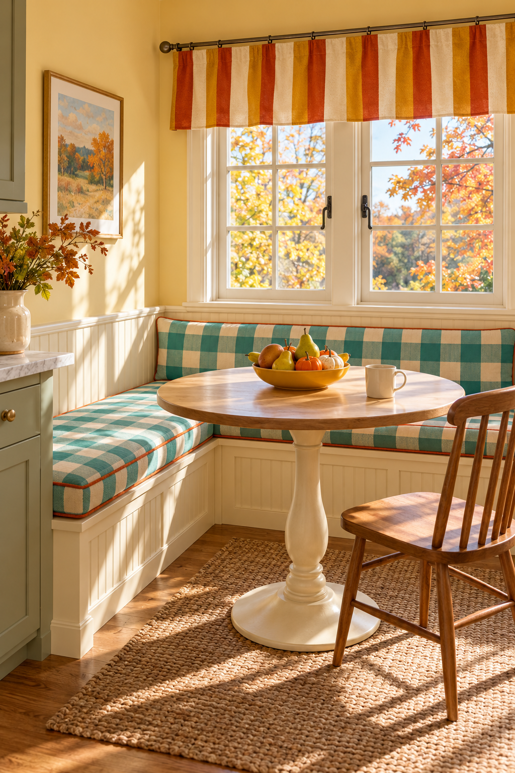 Aqua checked breakfast banquette beneath a striped valance, with pears and gourds on a round table.