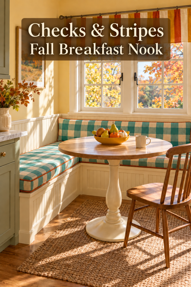 Aqua checked breakfast banquette beneath a striped valance, with pears and gourds on a round table.
