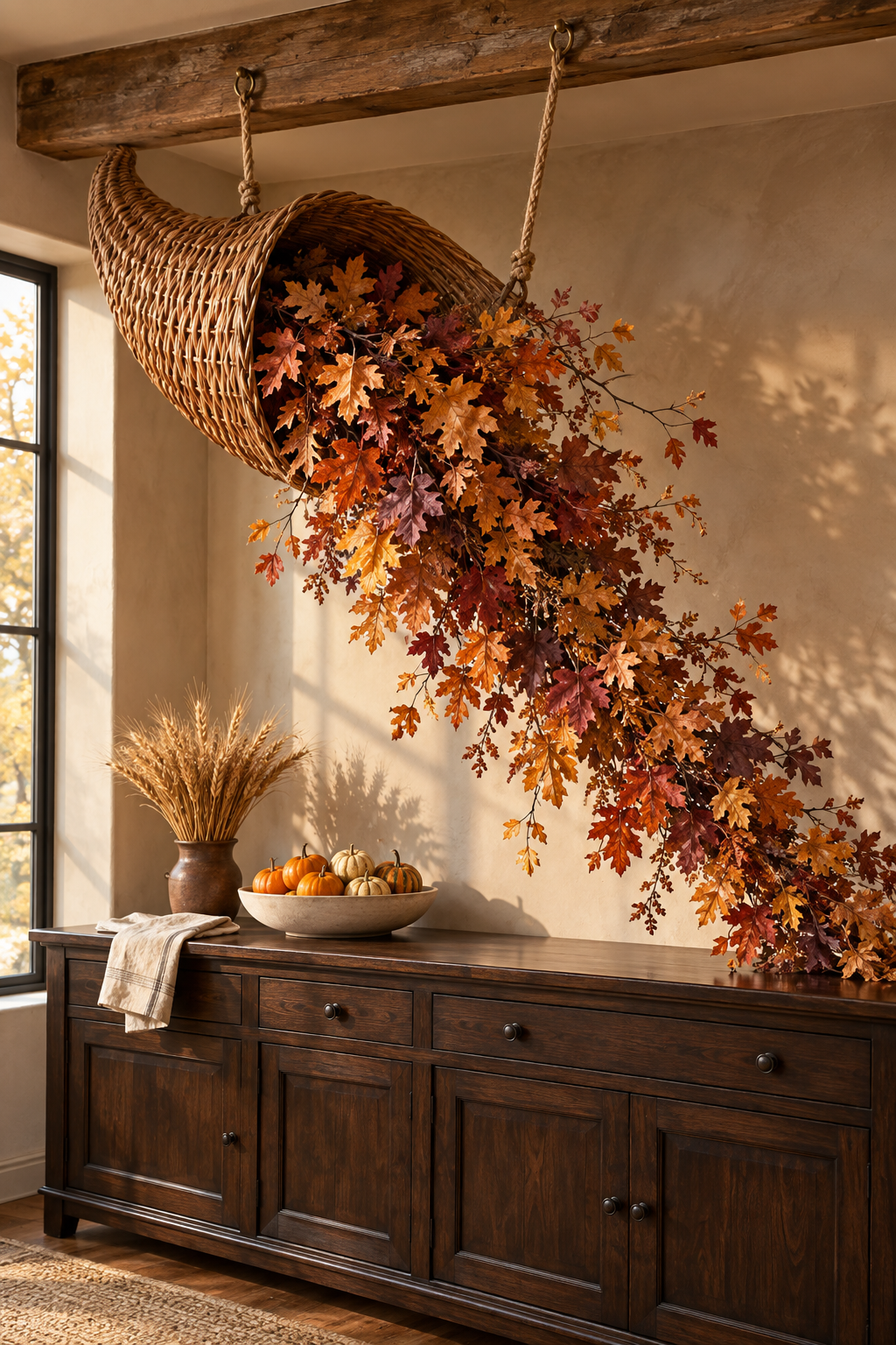 Suspended wicker harvest basket with cascading autumn leaves above a pumpkin-filled buffet.