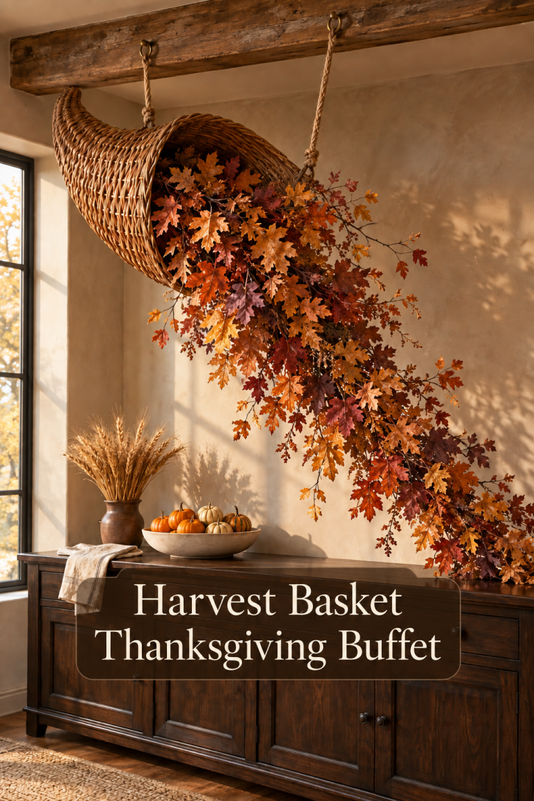 Suspended wicker harvest basket with cascading autumn leaves above a pumpkin-filled buffet.