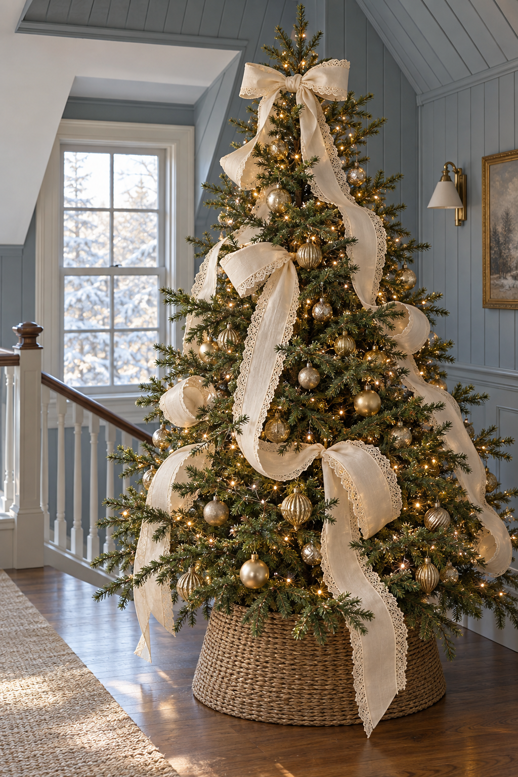 Christmas tree with ivory lace ribbon loops, gold ornaments and a woven base on a stair landing.
