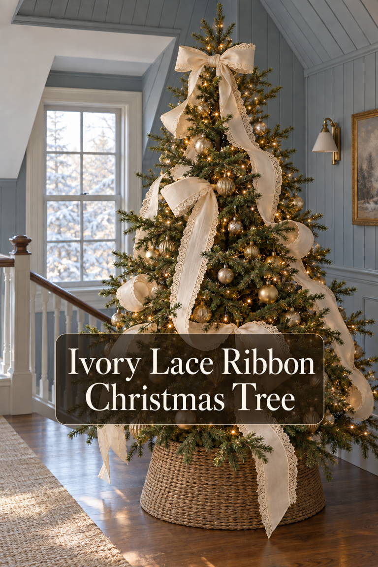 Christmas tree with ivory lace ribbon loops, gold ornaments and a woven base on a stair landing.