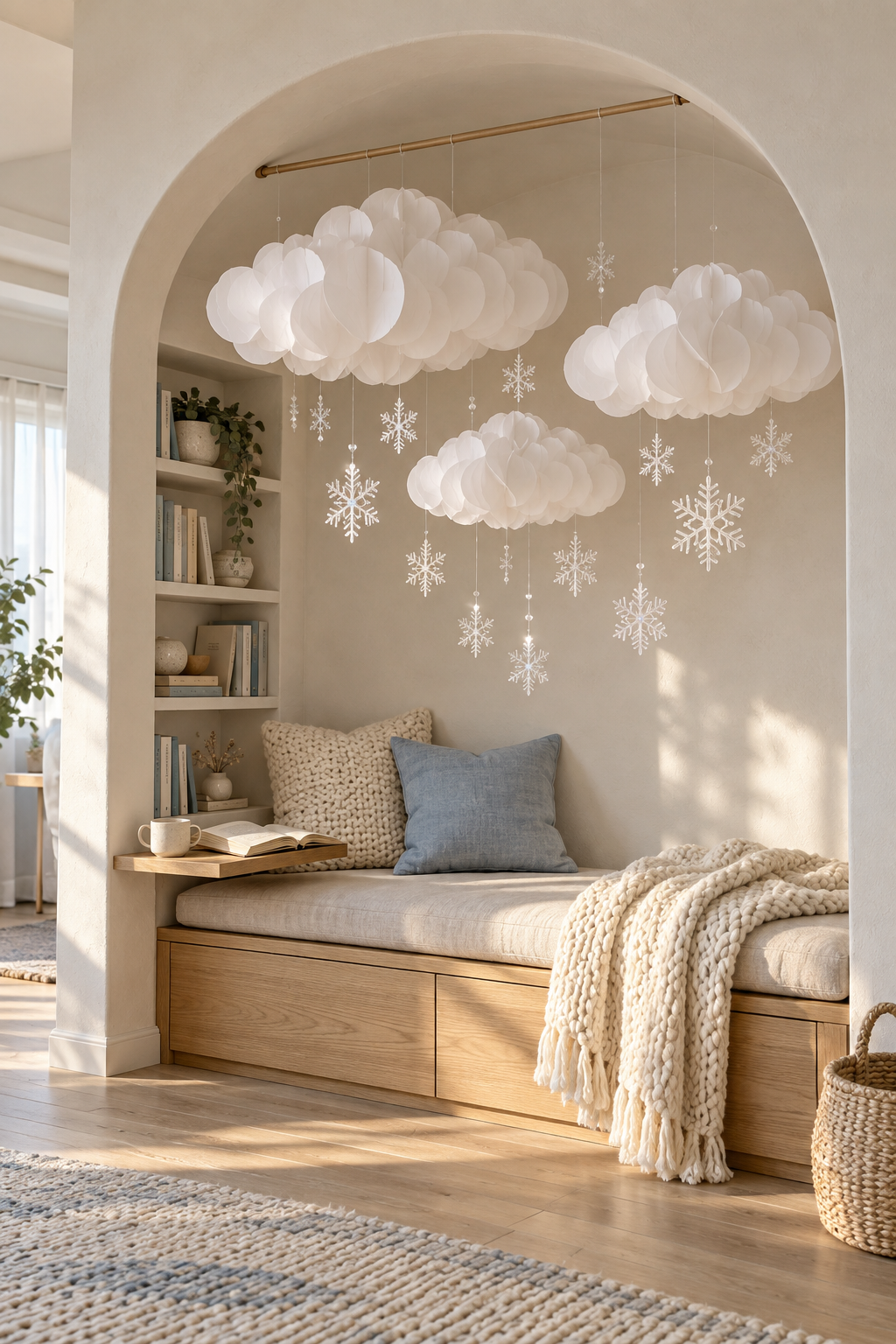 Hanging white paper clouds and snowflakes above a cushioned reading alcove with knitted layers.