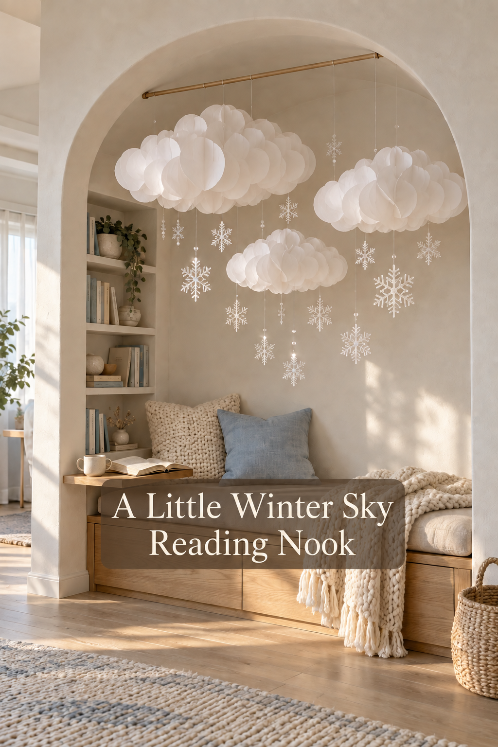 Hanging white paper clouds and snowflakes above a cushioned reading alcove with knitted layers.