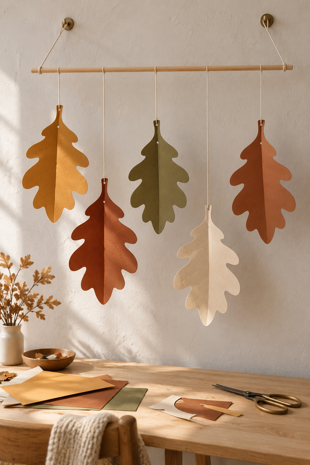 Folded autumn paper oak leaves hanging from a wooden rod above a craft table.