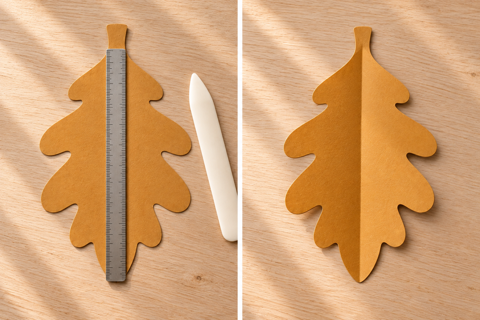 Two panels show an ochre paper oak leaf beside scoring tools, then opened along its center fold.