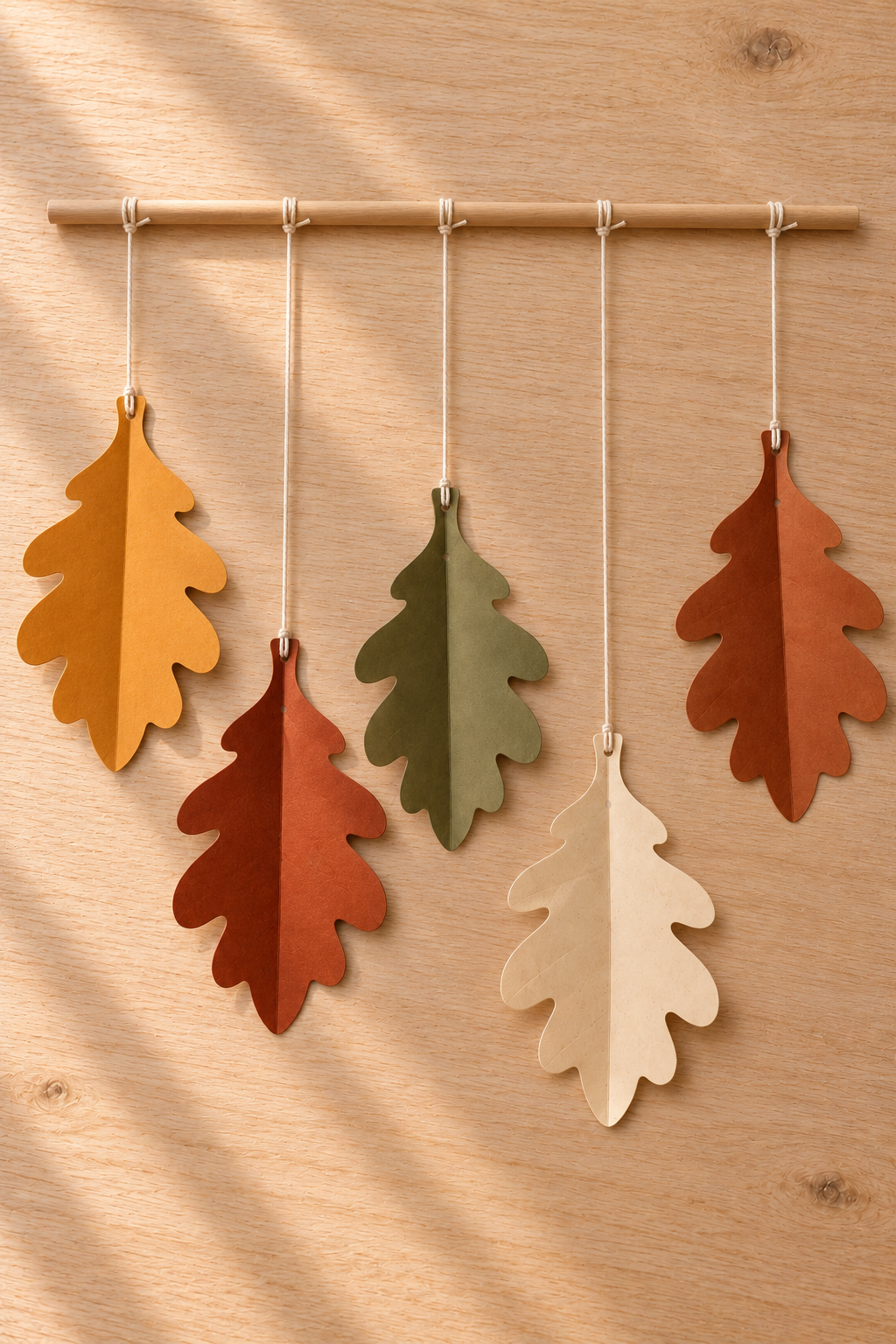 Five folded paper oak leaves laid below a dowel with separate threads tied around it.