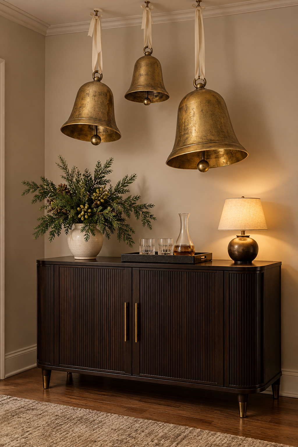 Three gold-toned bells on cream ribbons above a dark drinks cabinet with greenery and a lamp.