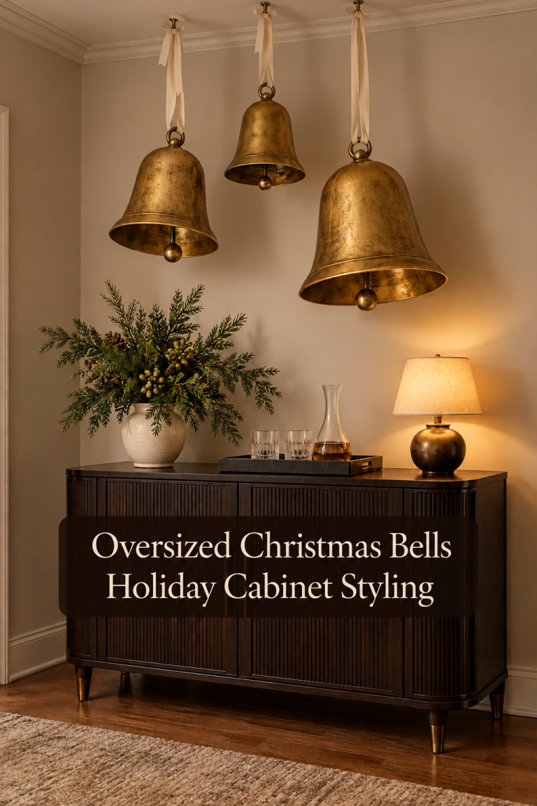Three gold-toned bells on cream ribbons above a dark drinks cabinet with greenery and a lamp.