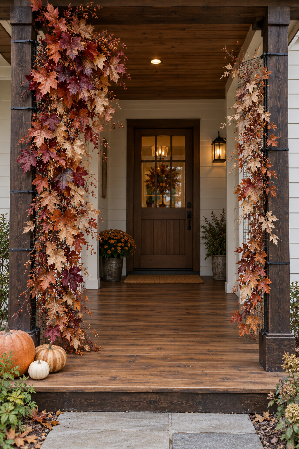 Autumn leaf-covered mesh panels on timber porch posts with a clear path and pumpkins.