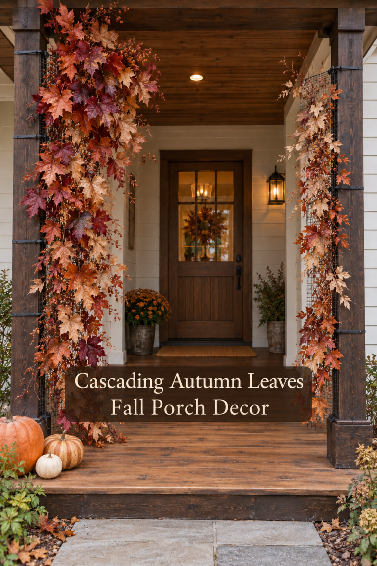 Autumn leaf-covered mesh panels on timber porch posts with a clear path and pumpkins.