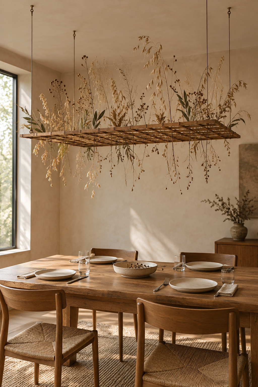 Airy grasses on a suspended wooden grid above a table with cream plates and neutral napkins.