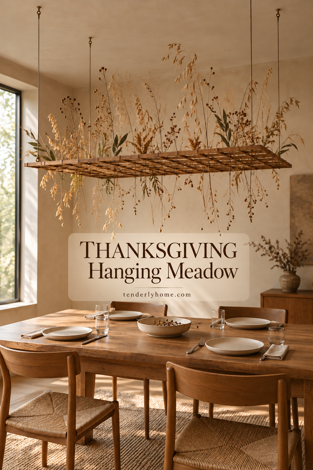 Airy grasses on a suspended wooden grid above a table with cream plates and neutral napkins.