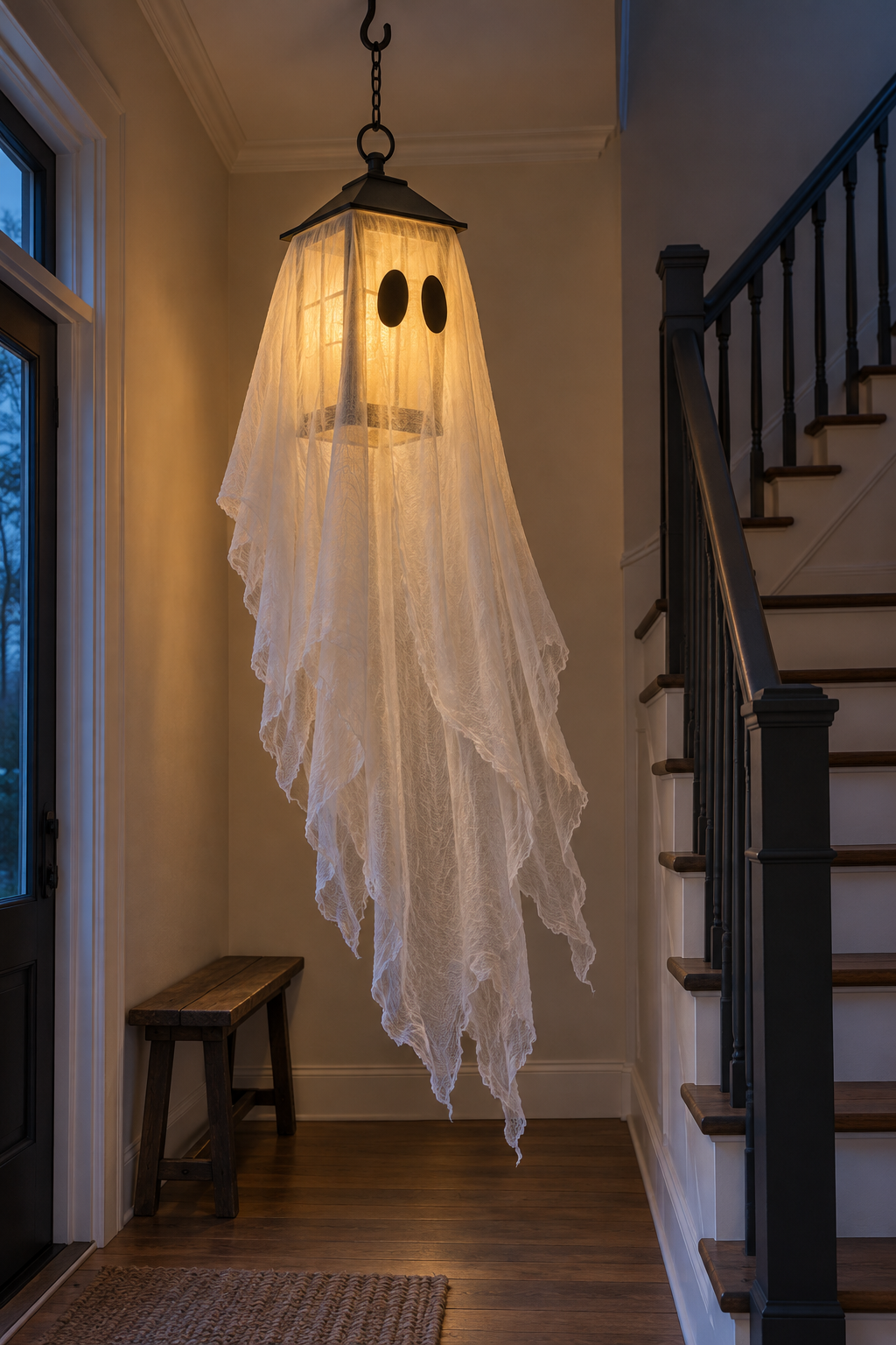 Glowing lantern ghost with black oval eyes and a long ivory skirt beside an entry staircase.