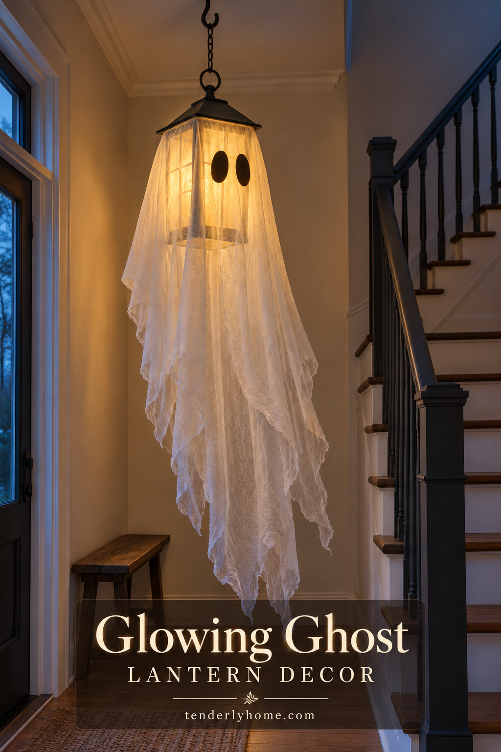 Glowing lantern ghost with black oval eyes and a long ivory skirt beside an entry staircase.