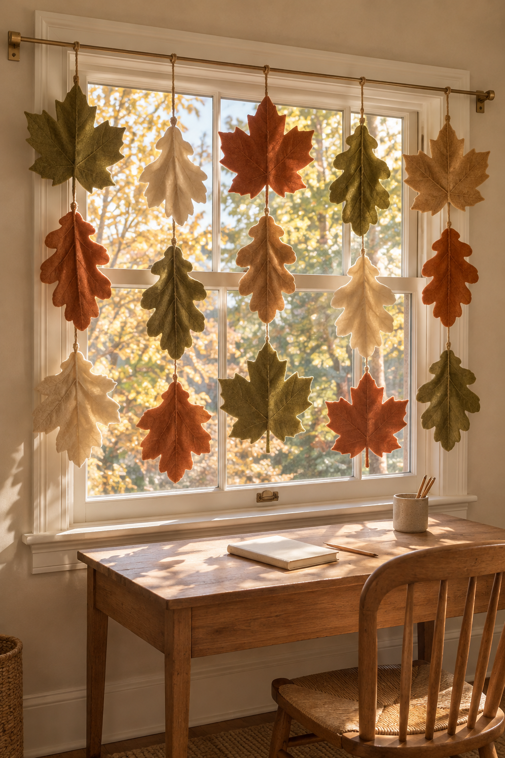 Oversized autumn felt leaf strands across a bright window above a wooden writing desk.