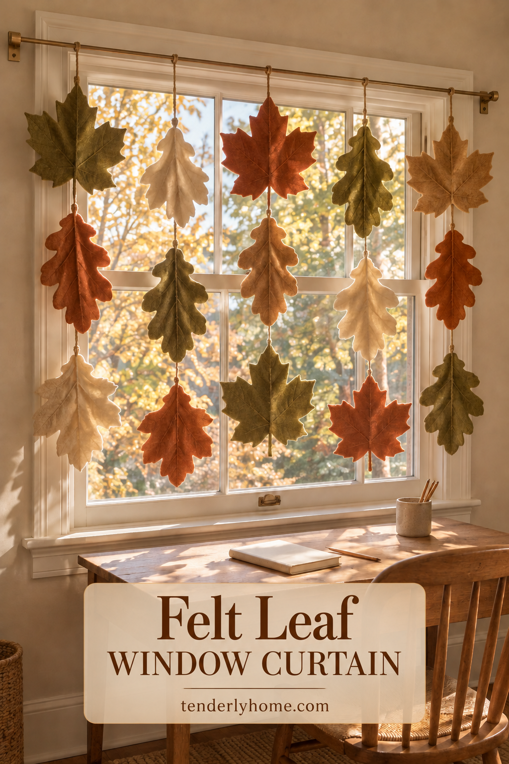Oversized autumn felt leaf strands across a bright window above a wooden writing desk.