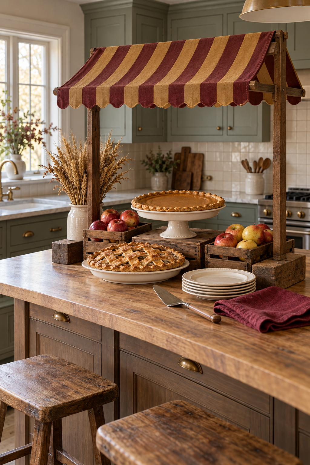Striped harvest-market canopy over pies and apple crates on a wooden kitchen island.