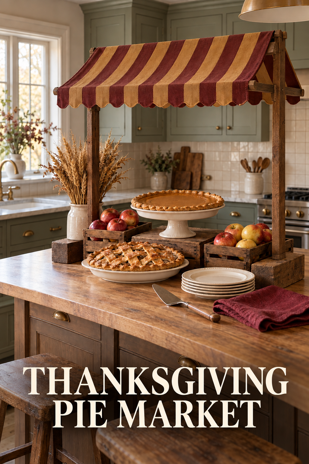 Striped harvest-market canopy over pies and apple crates on a wooden kitchen island.