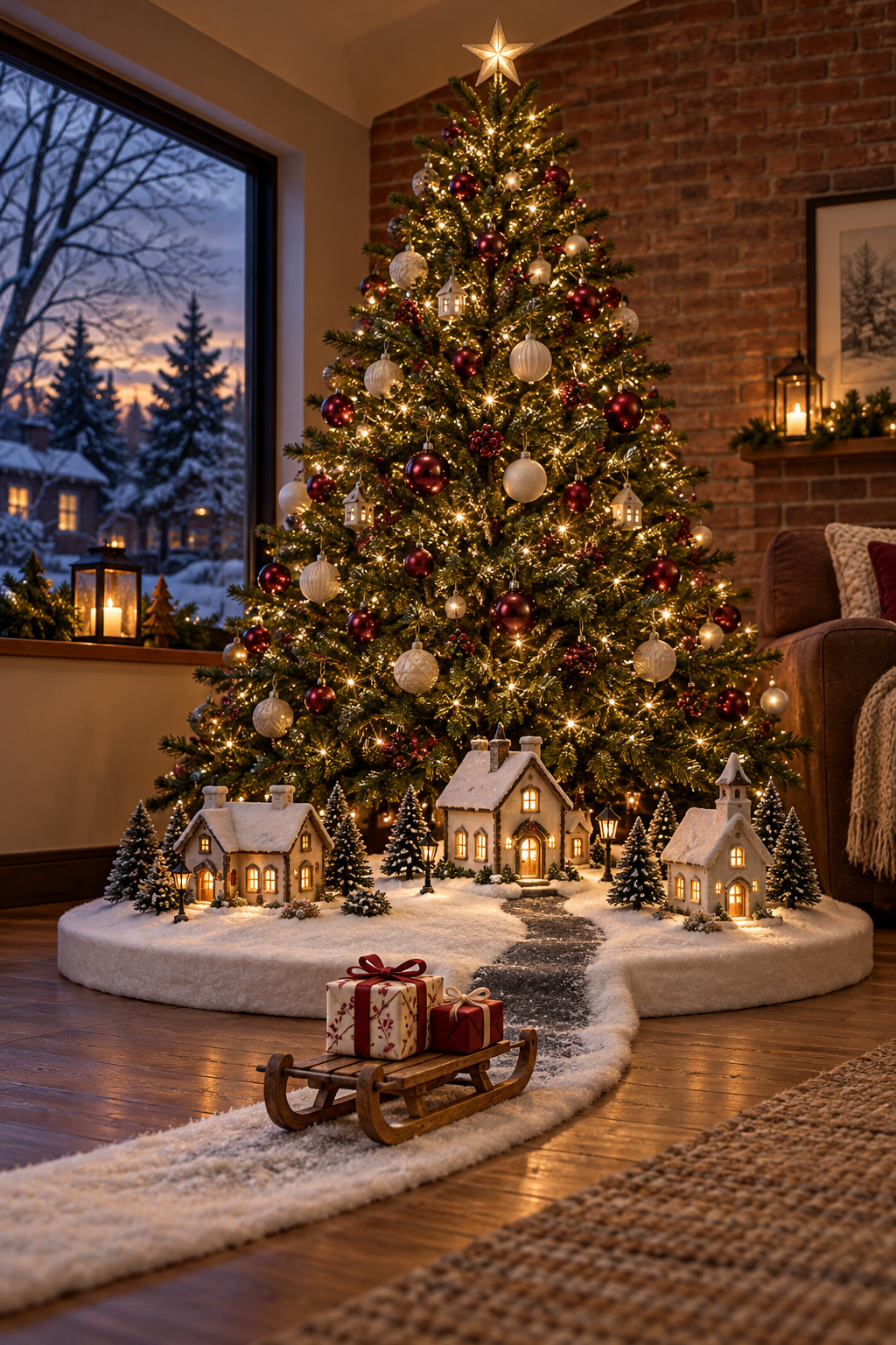 Gift sled on a snowy path toward a lit village beneath a red-and-cream Christmas tree.