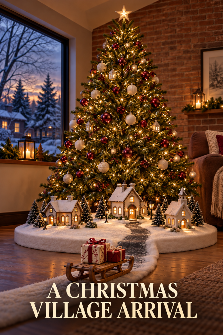 Gift sled on a snowy path toward a lit village beneath a red-and-cream Christmas tree.
