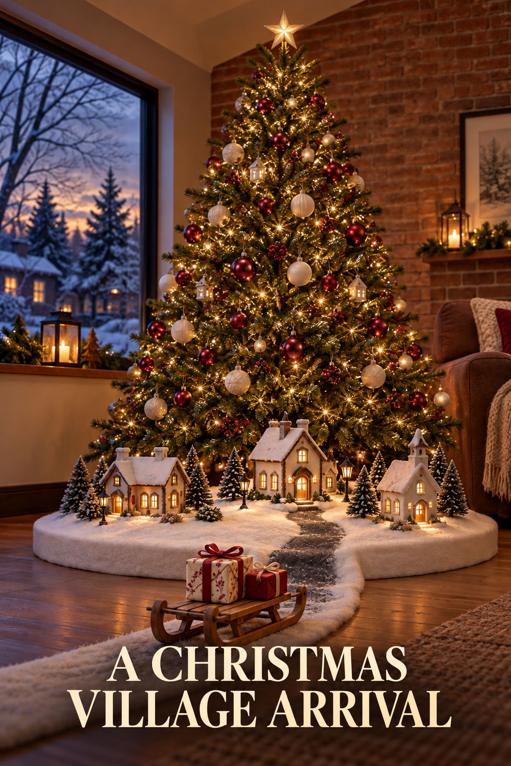 Gift sled on a snowy path toward a lit village beneath a red-and-cream Christmas tree.