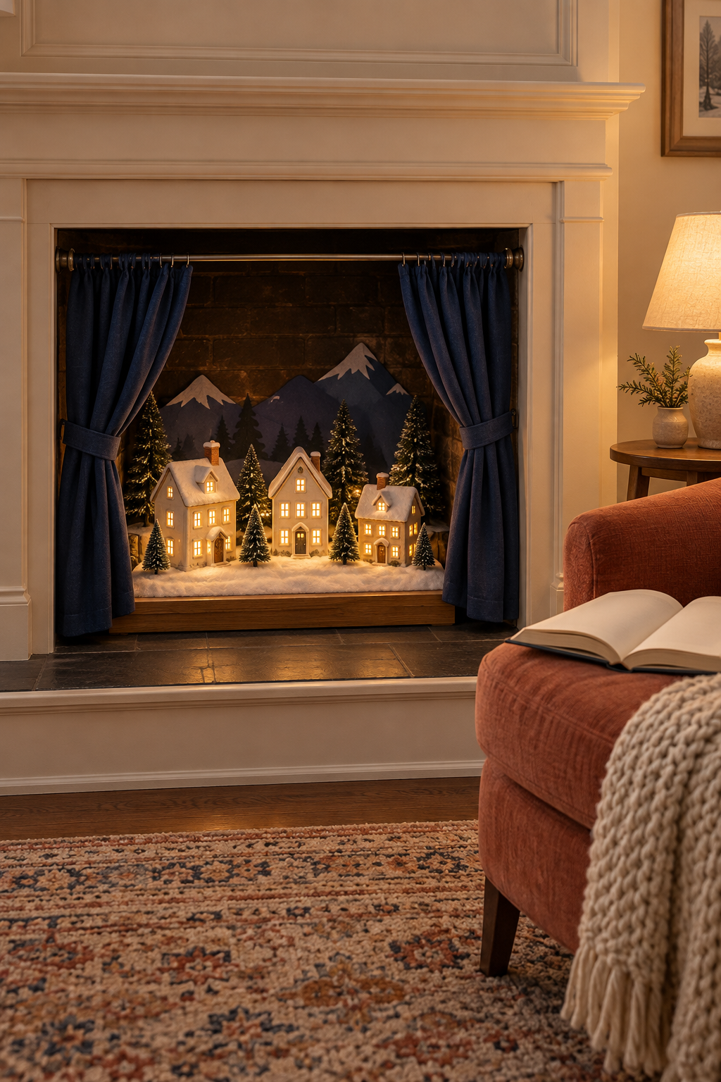 Navy curtains frame a glowing winter village inside a fireplace beside a reading chair.