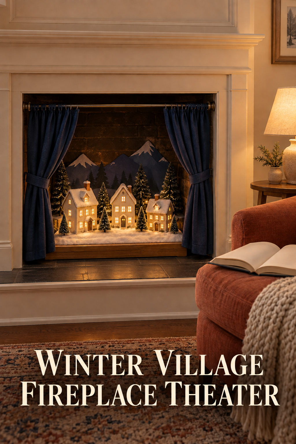 Navy curtains frame a glowing winter village inside a fireplace beside a reading chair.