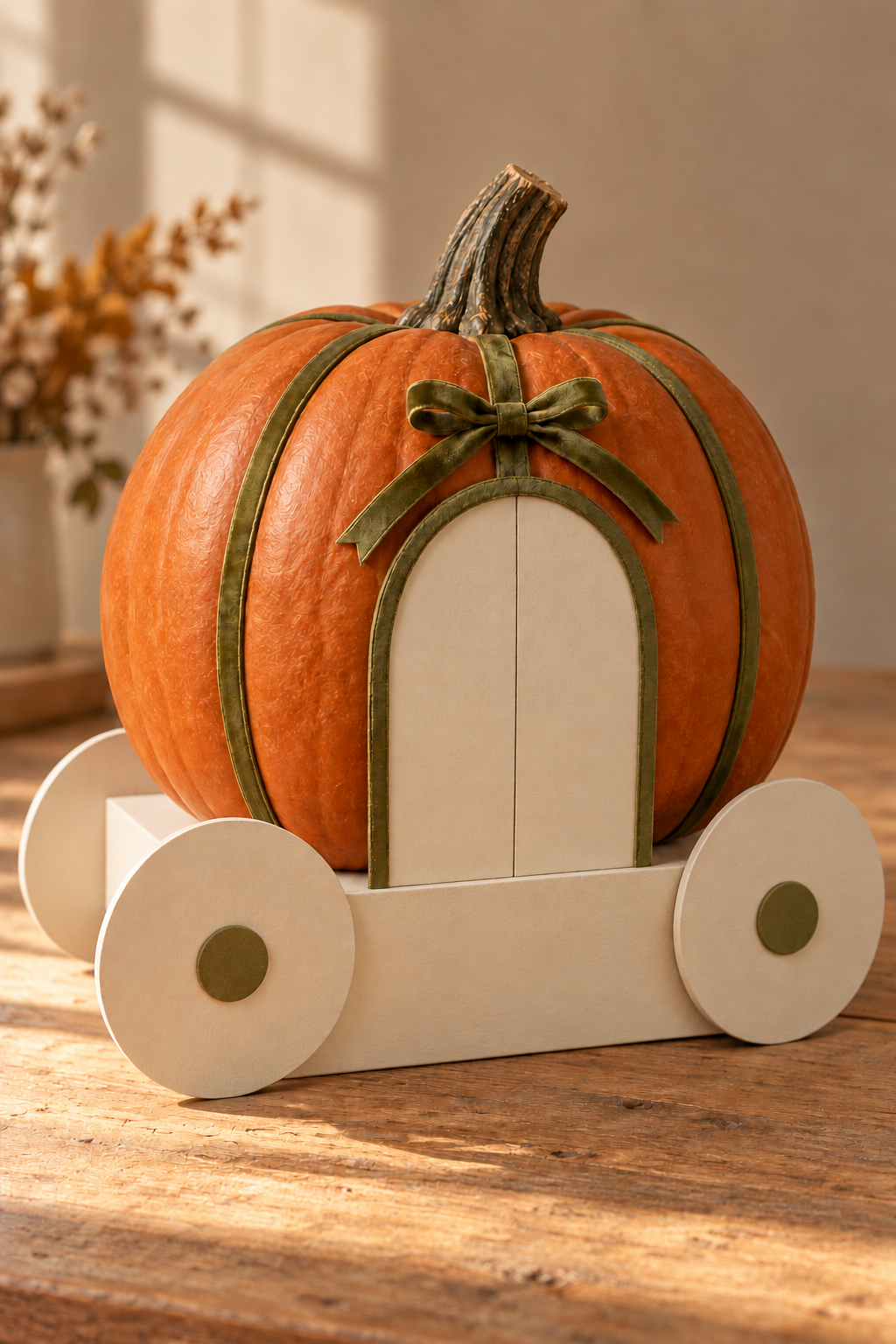 Orange pumpkin carriage with cream disc wheels, a paper doorway and green ribbon trim.