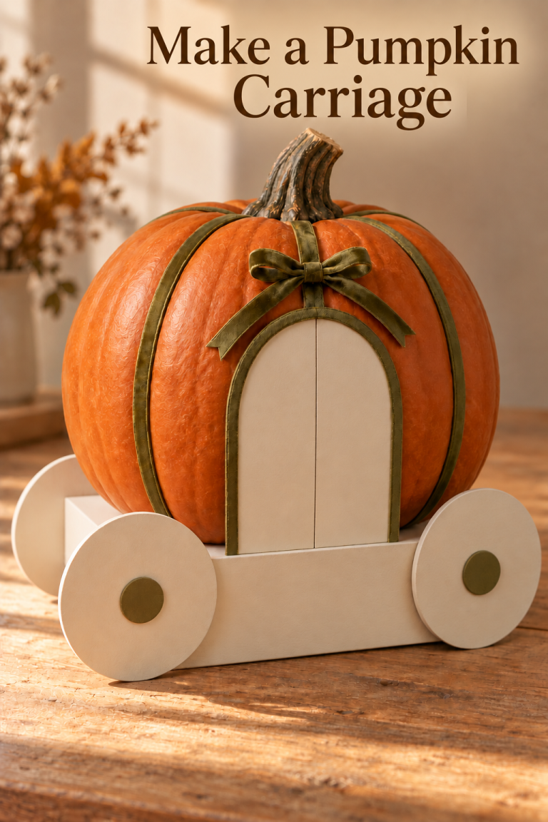 Orange pumpkin carriage with cream disc wheels, a paper doorway and green ribbon trim.