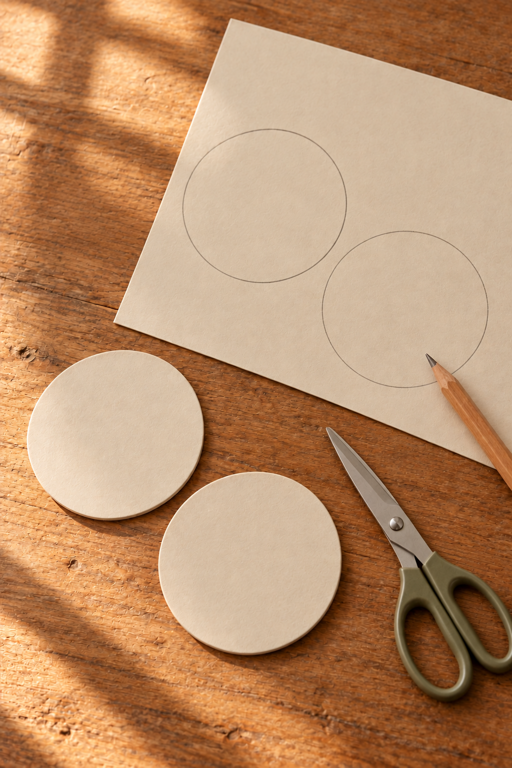 Cream wheel discs beside penciled circles on cardboard with scissors and a pencil.