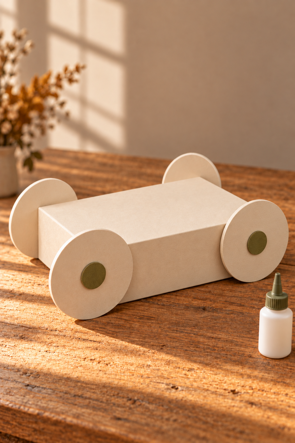 Four cream wheel discs attached to a flat-bottomed box base beside a glue bottle.