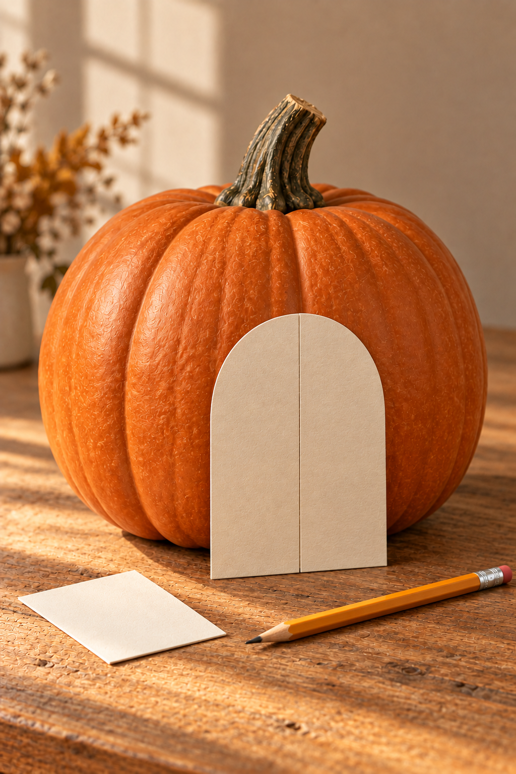 Cream arched paper doorway with a center crease propped against an orange pumpkin.