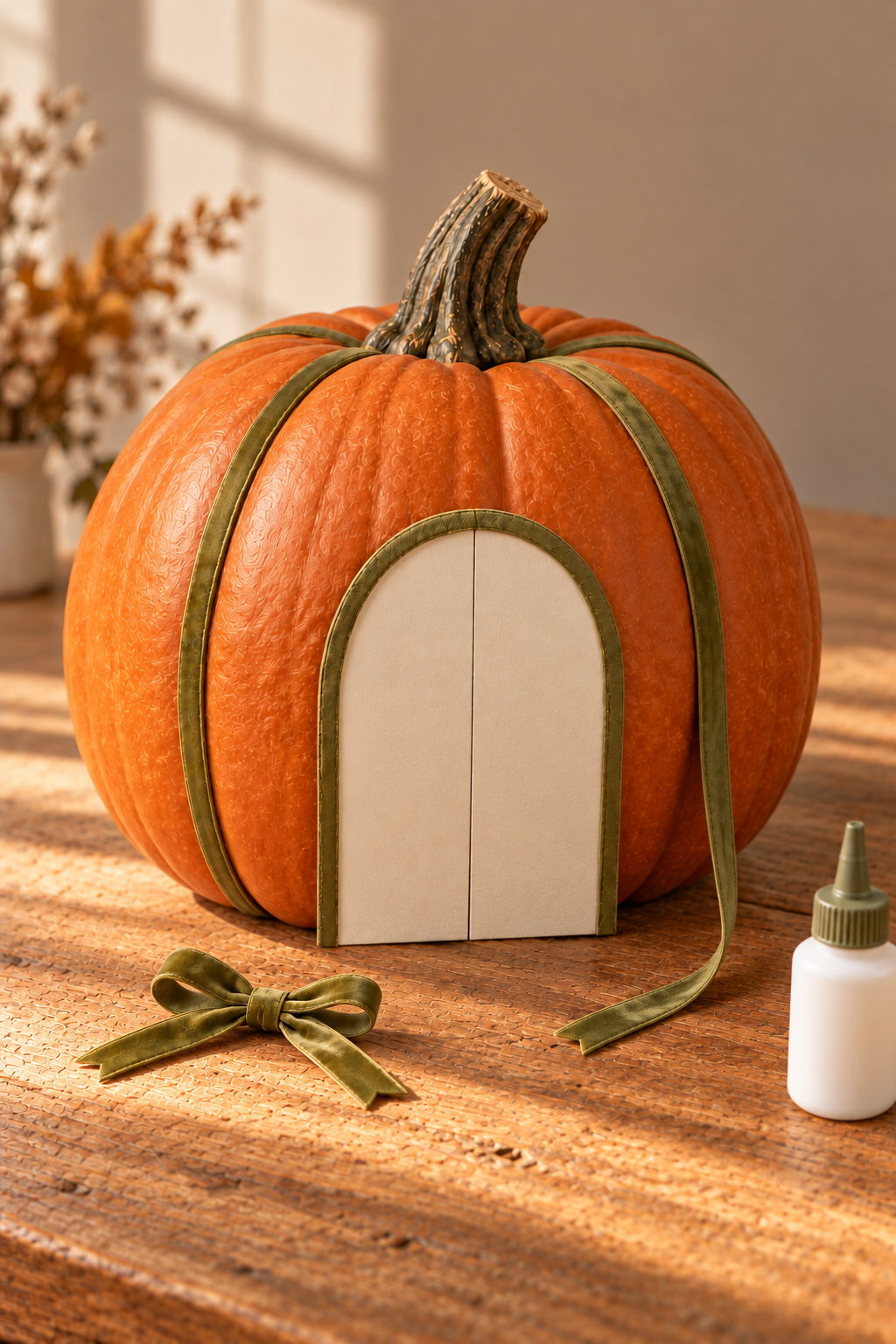 Green ribbon frames a paper doorway, with a loose ribbon tail and bow beside the pumpkin.