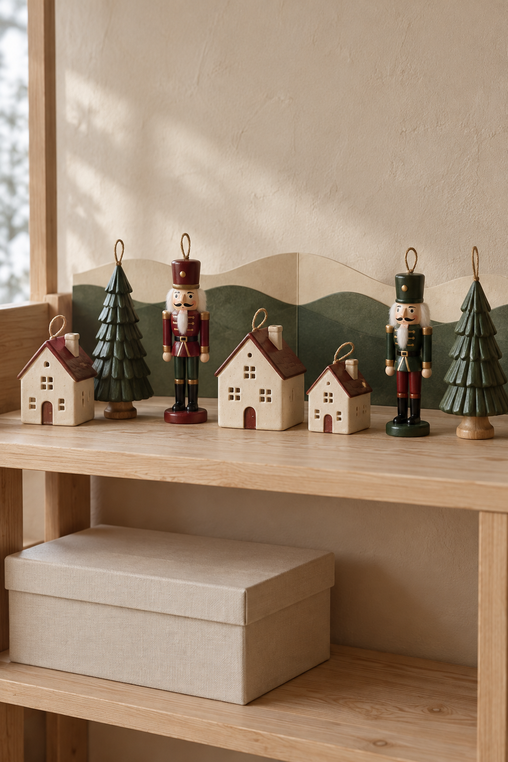 House, nutcracker and green tree ornaments on a wood shelf before a paper landscape.