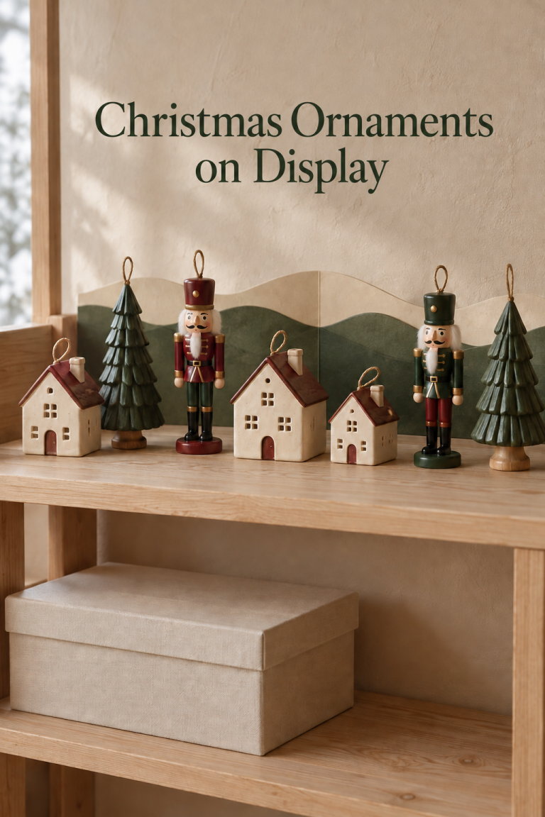 House, nutcracker and green tree ornaments on a wood shelf before a paper landscape.