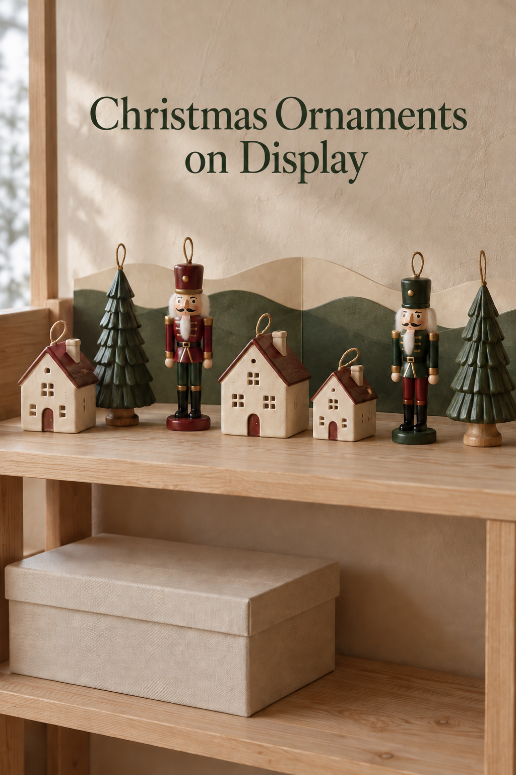 House, nutcracker and green tree ornaments on a wood shelf before a paper landscape.