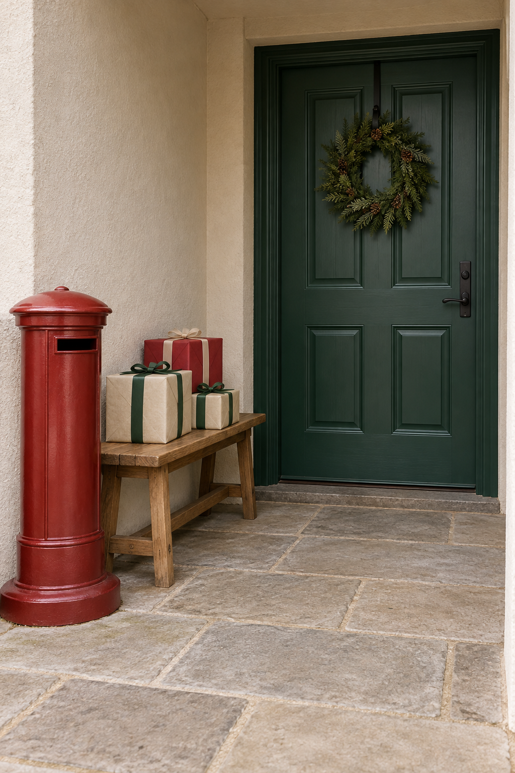 Red postbox beside wrapped parcels on a wood bench at a green door with an evergreen wreath.