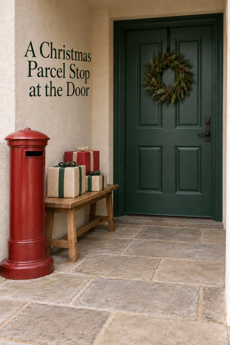 Red postbox beside wrapped parcels on a wood bench at a green door with an evergreen wreath.