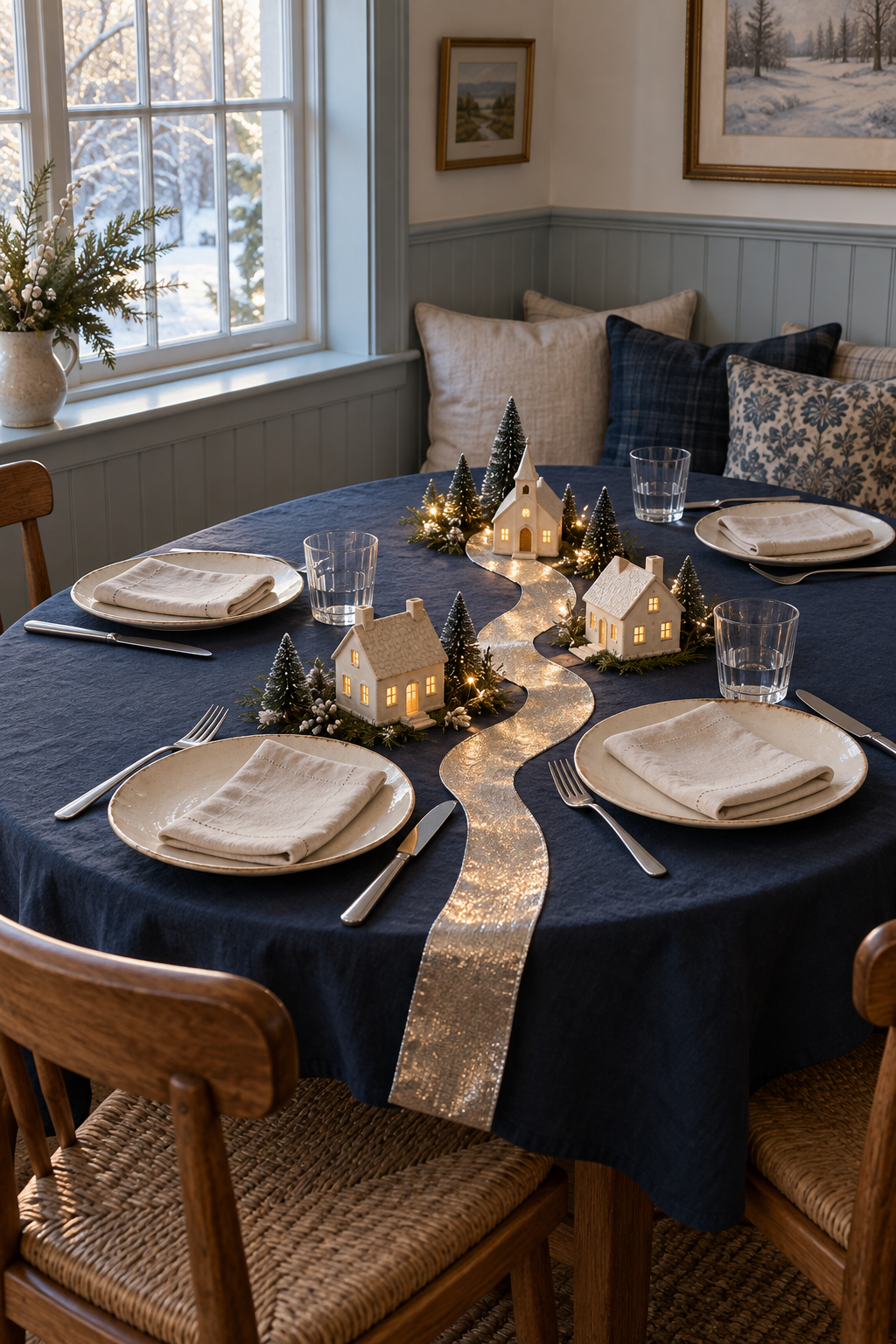 Glowing village houses beside a silver ribbon road on a blue Christmas dining table.
